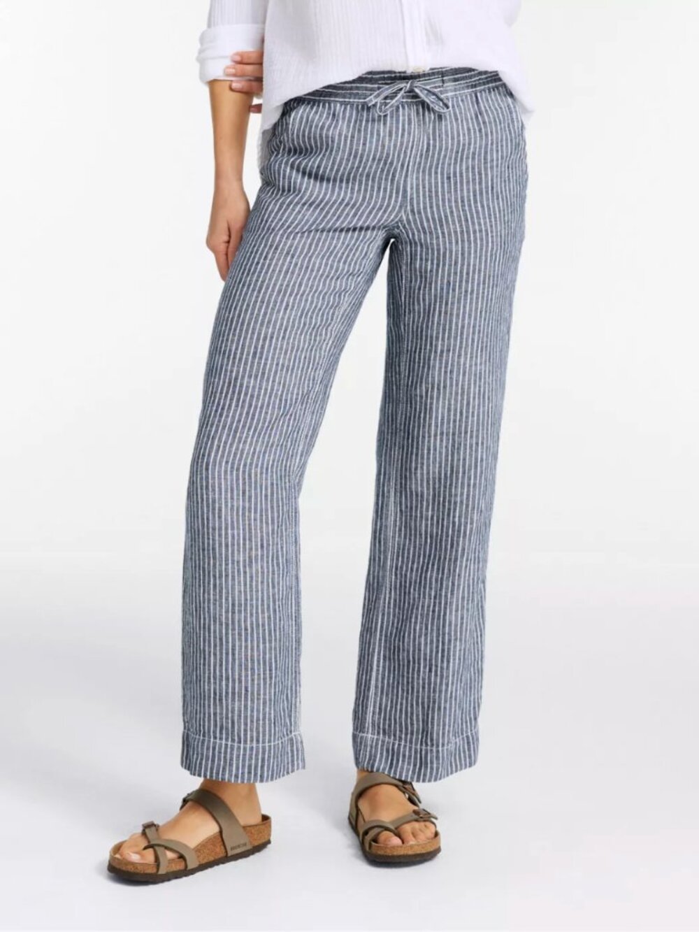 L.L. Bean Straight Leg Linen Stripe Breezy Pull-On Pants Navy Blue Pockets, 14R